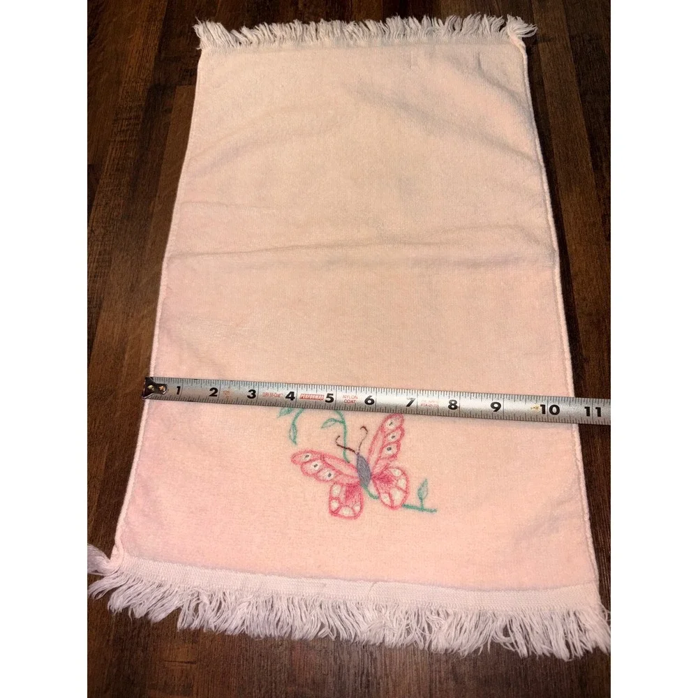 Vintage Panda Pink Butterfly Embroidered Fringe Hand Towels 100% Cotton Set of 2
